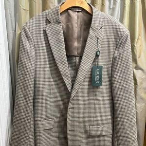 NWT Men’s Macy’s Ralph Lauren 2-Button check blazer in tan/olive size 42 Long.